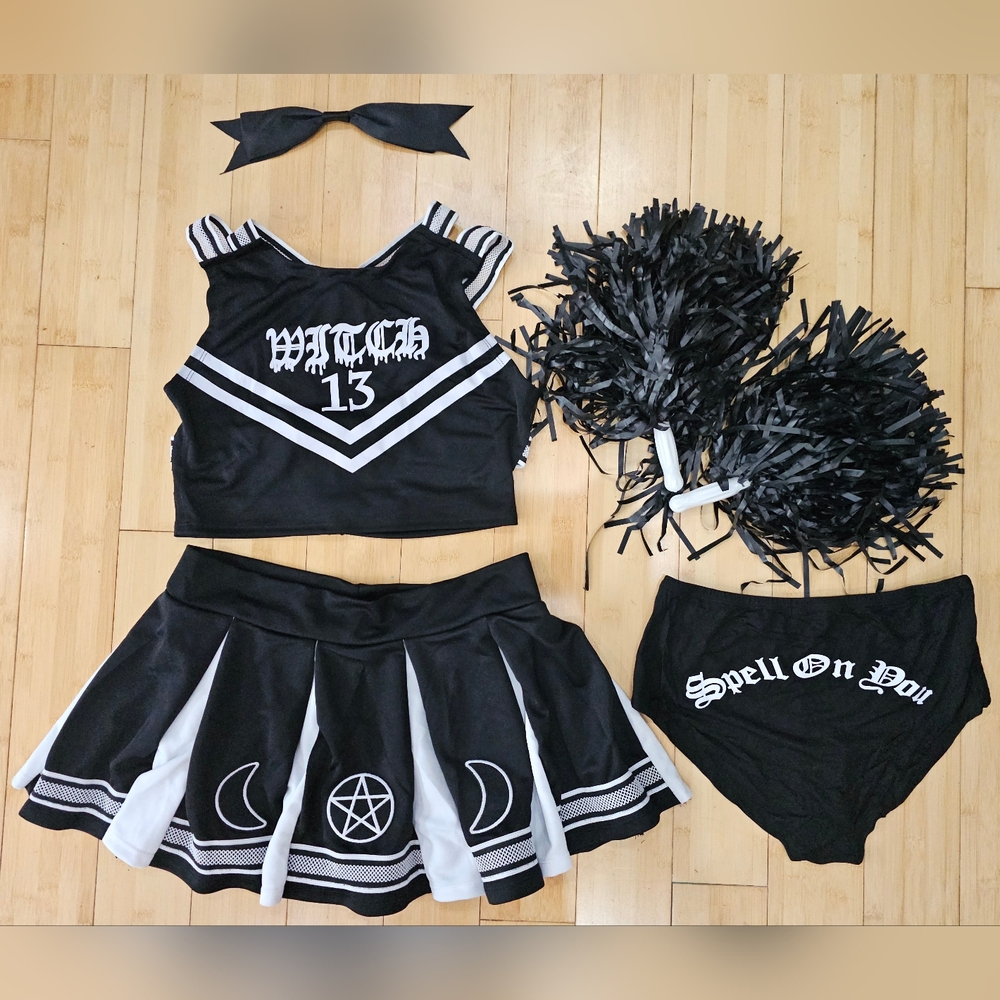 Dolls Kill Trickz N Treatz Black & White Witchy Coven Cheerleader Costume Set M